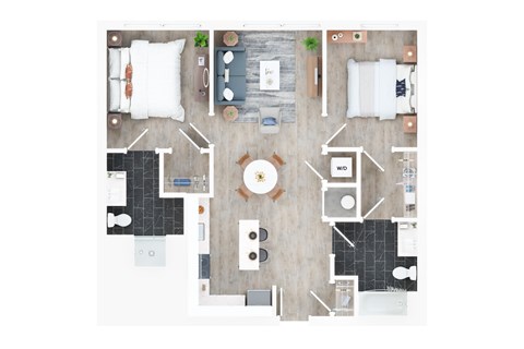 Floor plan for 2 beds, 2 baths, 955 sqft